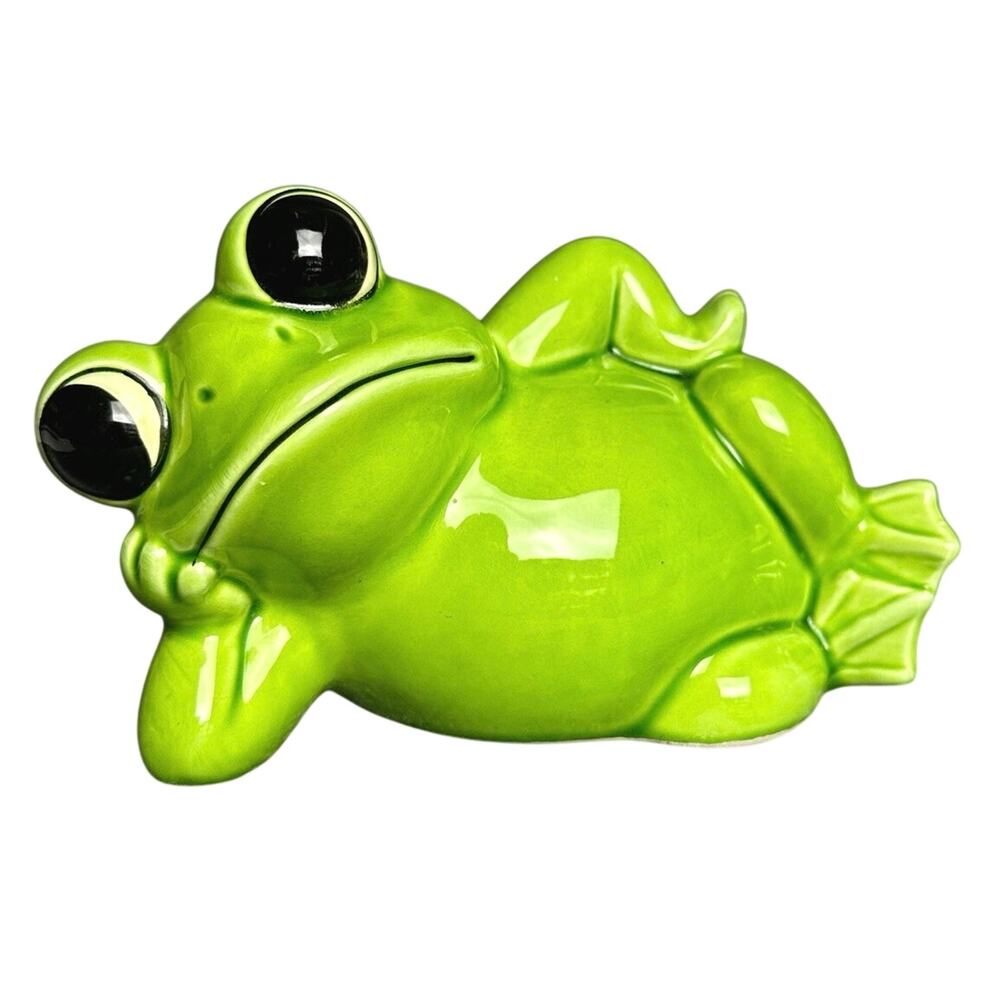 Vintage frog coin piggy bank Norcrest Japan 6”x3.5” green toad removable stopper
